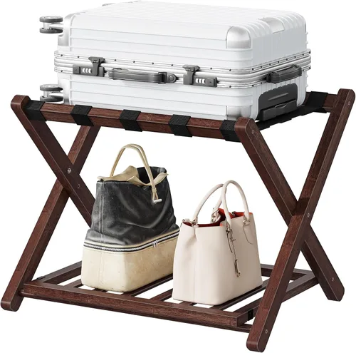 Miniatura 8 de HOOBRO Portaequipajes, soporte plegable para equipaje, soporte de maleta de bambú para habitación de invitados, con estante de soporte de correa