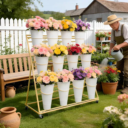 Miniatura 9 de Soporte de exhibición de flores de 3 niveles, soporte móvil de metal para plantas con 12 cubos, carrito de flores con ruedas, adecuado