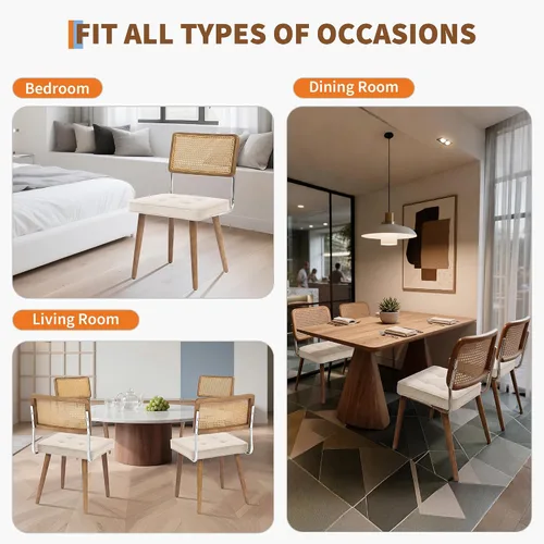 Miniatura 8 de GarveeHome Juego de 2 sillas de comedor de ratán natural, sillas de cocina tapizadas de lino con respaldo alto de caña y patas de madera fuertes