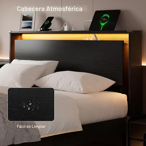 Miniatura 7 de Einhomn Marco de Cama Tamaño Queen con Luces LED y Estación de Carga – Marco de Cama Queen Flotante de Madera para Niños con Cabecera de Negro