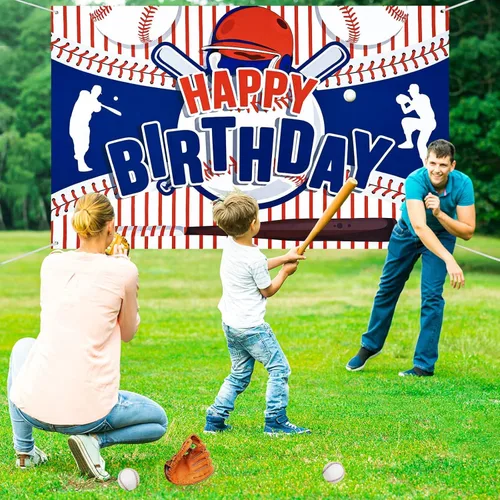 Miniatura 3 de Decoraciones de fiesta de béisbol con texto en inglés «Happy Birthday» para niños, adolescentes – Cartel grande con temática deportiva