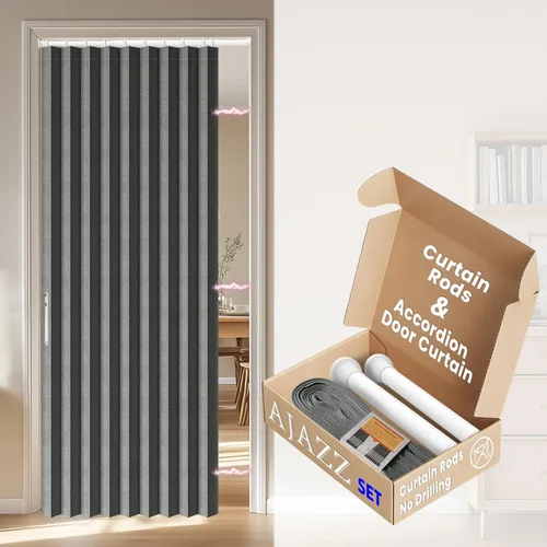 Miniatura 24 de AJAZZ Conjunto: Barras para cortinas sin perforación (28-39" de ancho) y cortina acordeón para puerta, beige 43" de ancho × 78" de largo, puertas