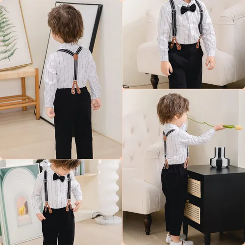 Miniatura 6 de Conjunto de 2 piezas para bebé, caballero blanco y negro con corbatín y pantalones para bebé, conjunto formal con tirantes