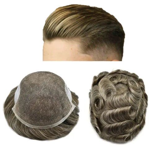 Miniatura 31 de Toupee para hombres, piezas de cabello de repuesto suave de encaje suizo para hombres, tupé de cabello humano real, tupé, sistema de cabello