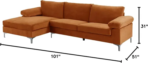 Miniatura 8 de Casa Andrea Milano Moderno sofá seccional grande en forma de L de terciopelo, con diván extra ancho Naranja