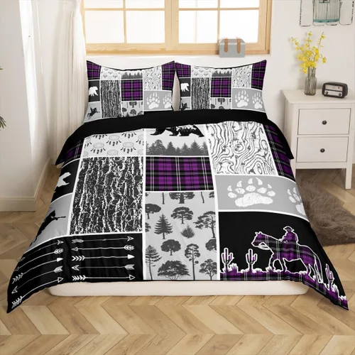Miniatura 18 de Funda de edredón rústica tamaño Queen, juego de ropa de cama retro para cabaña de cabaña, oso de caza, ciervo, hojas de arce, funda de edredón