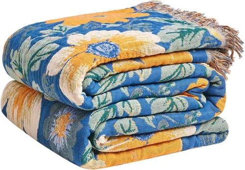 Miniatura 46 de Cobija para cama de estilo bohemio, 100 % algodón, ultra suave, edredón rústico, cobija de otoño, estampado floral, cobija grande rústica para sofá