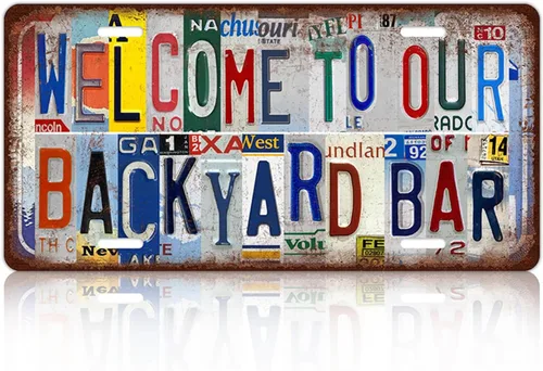 Placa de Licencia Vintage Welcome "Welcome to Our Backyard Bar" Decoración de Pared en Metal Letrero de Lata para Bar Hogar 12 x 6 Pulgadas