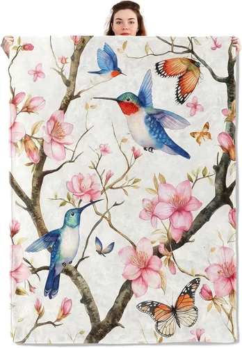 Miniatura 10 de Manta ligera de pájaros y mariposas, regalos para amantes de la naturaleza, manta de franela con rosa colorida y hortensias impresas para sofá