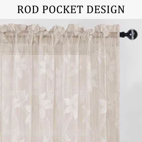Miniatura 2 de DWCN Cortinas traslúcidas para cocina, bolsillo para barra de encaje floral beige, 52 x 36 pulgadas, 2 paneles Encaje Beige