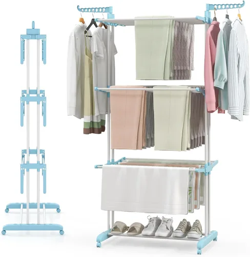 Giantex Estante de secado de ropa plegable, estante plegable de gran tamaño de 4 niveles con 3 bandejas retráctiles, soportes para perchas, soporte