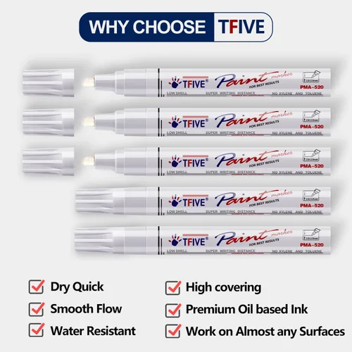 Miniatura 2 de TFIVE Rotuladores de pintura blanca – Paquete de 5 rotuladores permanentes a base de aceite, punta media, impermeables y de secado rápido