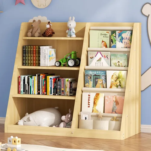 EXPERLAM Estantería para niños y organizador de almacenamiento de juguetes, estante de libros de madera de 4 niveles con soporte para libros en sala