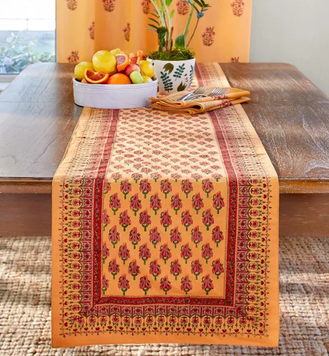 Miniatura 12 de Saffron Marigold Camino de mesa rosa de 18 x 108 pulgadas, centro de mesa de comedor impreso a mano, 100% algodón lavable para decoración del hogar