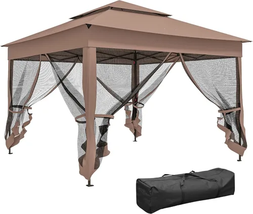 Miniatura 12 de Outsunny 11' x 11' Carpa desplegable de toldo, refugio para patio al aire libre con mosquitero con cremallera extraíble, carpa instantánea para Caqui