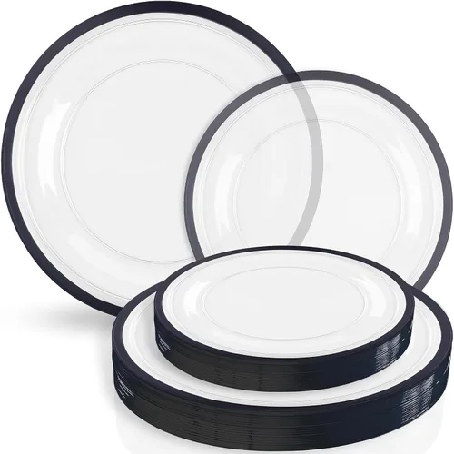 Blue Sky Contrast Collection - Juego de platos combinados transparentes con borde negro, (7 pulgadas, 16 unidades y 10 pulgadas, 16 unidades)