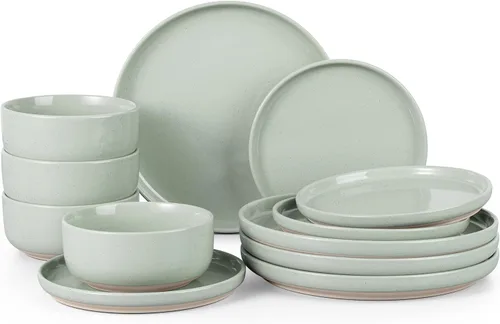 Miniatura 10 de HaWare Juego de vajilla de gres, juego de platos y tazones de 12 piezas para 4, juego de vajilla para casa restaurante, blanco lechoso moteado