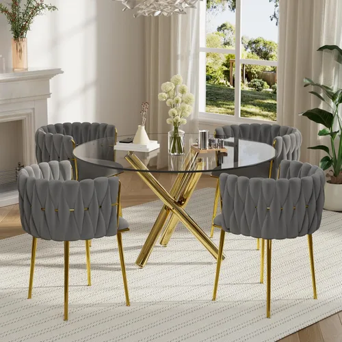 Miniatura 13 de Juego de mesa redonda dorada para 4, juego de mesa de comedor de 39'' con tapa de vidrio transparente, juego de mesa de cocina circular moderna de 5