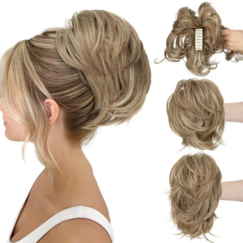 Miniatura 36 de CJL HAIR - Extensiones de cabello con pinza de garra para cola de caballo corta, trenza desordenada, sintéticas, maleables, para mujeres, cabello