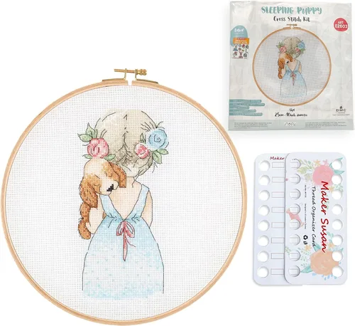 Miniatura 7 de Maker Susan Kits de punto de cruz para adultos y principiantes con patrón de días de primavera con aro de madera, tela DMC, hilos y agujas, tarjetas