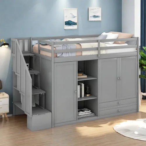 Miniatura 4 de SOFTSEA Cama tipo loft de tamaño individual con escalera de almacenamiento y armario, marco de cama funcional de madera maciza con estantes