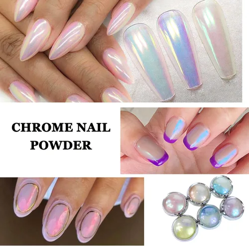Miniatura 7 de 6 frascos de polvo de uñas cromado de sirena, polvo de uñas Aurora iridiscente perla polvo de arte de uñas efecto espejo metálico pigmento purpurina