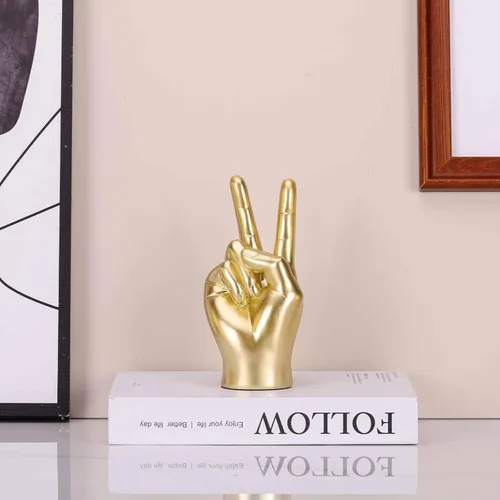 Miniatura 6 de LCCCK Escultura de mano dorada para decoración de signo de paz, estatua de mano de gesto genial para estantes, regalo extraño escultura funky