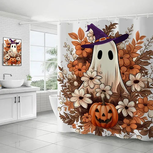 Miniatura 7 de Cortina de ducha de Halloween, cortina de ducha de fantasma espeluznante con 12 ganchos, cortinas de ducha florales de Halloween para decoración