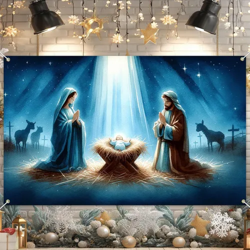 Miniatura 3 de BlissYard Fondo de Escena de la Natividad 71x43 Pulgadas Pancarta de la Escena del Pesebre de la Noche Santa Telón de Fondo Religioso Cristiano