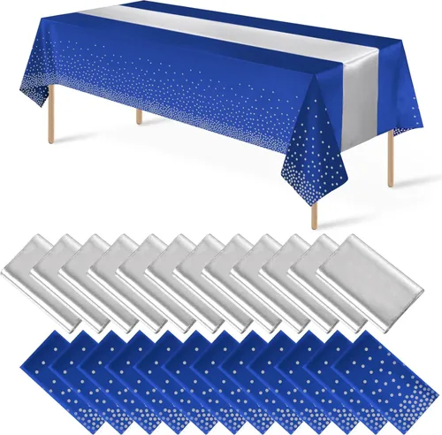 Miniatura 20 de 16 paquetes de manteles de plástico desechables y juego de camino de mesa de satén negro dorado con puntos dorados para graduación, boda