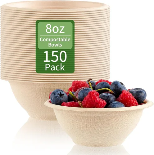 Miniatura 9 de ZORRITA Paquete de 150 unidades de cuencos de papel compostables de 12 onzas, pequeños cuencos desechables para sopa, cuencos naturales de caña