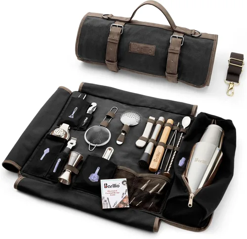 Miniatura 8 de Barillio Bolsa de Kit de Barman con Juego de Coctelera Negra – Lona Encerada, Bolsa de Herramientas de Bar de Viaje con Kit de Cóctel de 17 Piezas