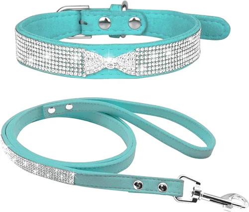 Miniatura 25 de Conjunto de Collar y Correa para Mascotas, Bonito y Deslumbrante de Ante Suave con Diamantes de Imitación de Cristal, Collar y Correa para Gatos