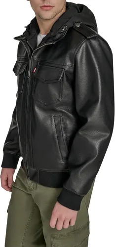 Miniatura 3 de Levi's Men's Faux Leather Aviator Bomber Jacket With Jersey Bib and Hood