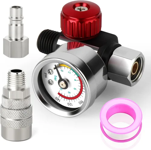 MEANLIN MEASURE Válvula reguladora de ajuste de aire, con calibre de 140 PSI, entrada NPT de 1/4 pulgadas con calibre de 140 PSI para pistola de