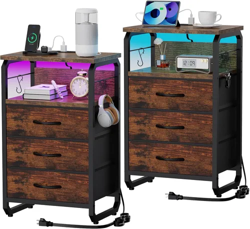 Miniatura 17 de runjuly Mesita de noche con luz, mesa auxiliar LED con cajones y estación de carga con puerto tipo C, pequeña mesa de noche con ganchos, cómoda