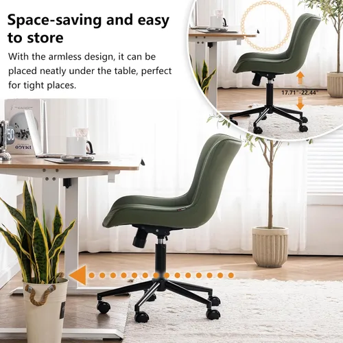 Miniatura 6 de YOUNIKE Silla de Escritorio de Oficina en Casa sin Brazos con Ruedas Silla de Tocador Compacta y Cómoda con Respaldo Ajustable Moderna Pequeña Verde