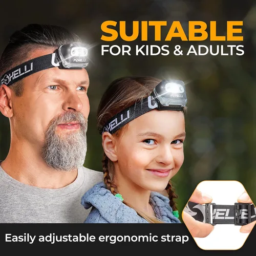 Miniatura 4 de Foxelli Linterna de Cabeza LED para Adultos y Niños, para Correr, Acampar, Hacer Senderismo, Faro de Cabeza con Luz Blanca y Roja, Diadema Cómoda