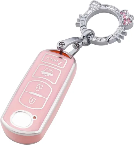 Pangpai Funda para llavero Mazda rosa, funda de TPU suave con llavero brillante para control remoto inteligente 3, 6, Miata MX-5, CX-5, CX-9