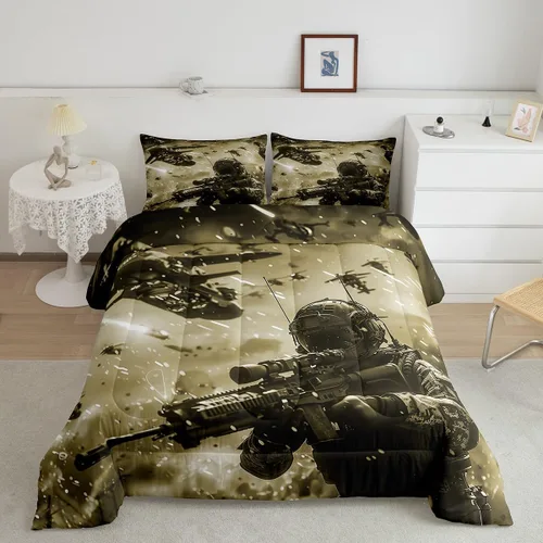 Miniatura 23 de Feelyou Juego de edredón de camuflaje del ejército con bandera estadounidense, decoración militar, camuflaje verde selva, bandera de Estados Unidos