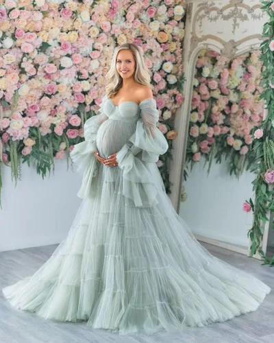 Miniatura 3 de Vestidos de maternidad de tul para sesión de fotos, batas de hombro descubierto, manga larga, lencería nupcial, vestido de baby shower, vestidos