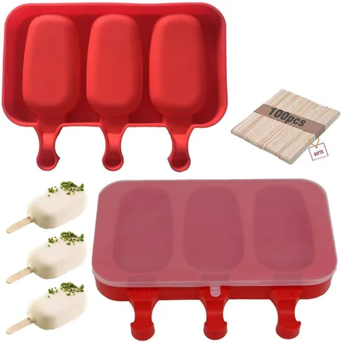 Moldes caseros de silicona para paletas con tapa, sin BPA, moldes para paletas de hielo con 3 cavidades, para hacer pasteles, helados y paletas de