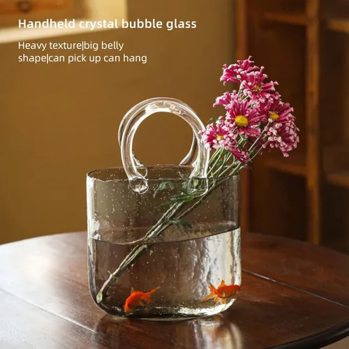 FQQWEE Jarrón de cristal con forma de bolso para flores, florero creativo con pecera, bolso transparente, florero con diseño de burbujas para