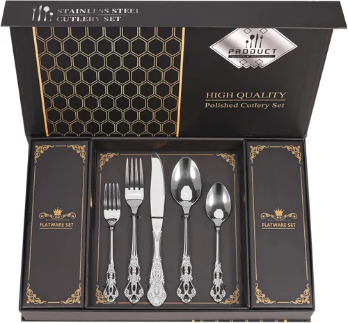Miniatura 8 de Juego Retro Royal Negro de Cubiertos MIKIWAY con Caja de Regalo, 20 Piezas de Servicio de Cubiertos de Acero Inoxidable para 4, Juego de Vajilla