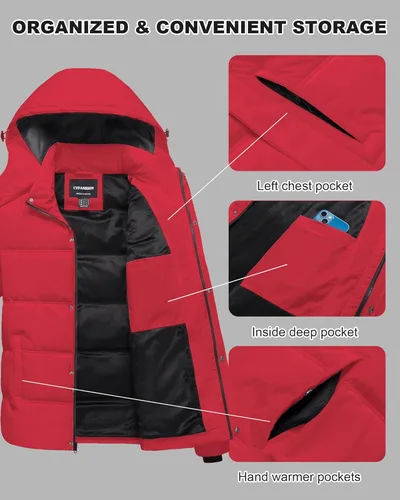 Miniatura 5 de Chaqueta acolchada impermeable para hombre, abrigo de invierno cálido y grueso, chaqueta parka, chaqueta de esquí y snowboard Rojo