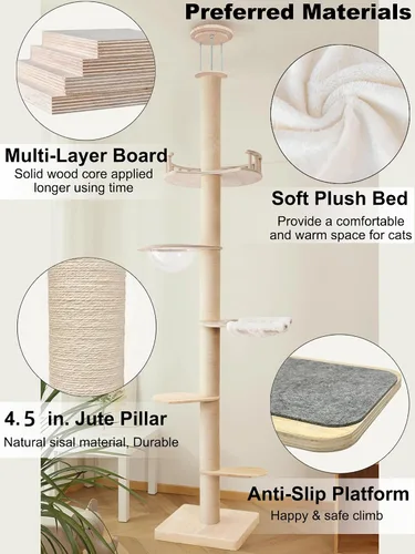 Miniatura 3 de Árboles para gatos de piso a techo para gatitos y gatos grandes con cuerda natural, árbol alto para gatos hasta el techo, altura ajustable de 82-112