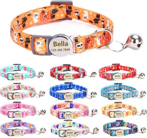 Miniatura 12 de Collar de gato con nombre de identificación, placa de número de teléfono, patrón floral grabado personalizado, collar de gatito con campana, azul a