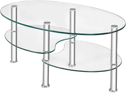 Miniatura 9 de Moccha - Mesa de centro de cristal, 3 niveles, moderna mesa de té ovalada de vidrio liso con amplio escritorio de vidrio y patas cromadas