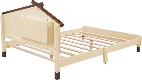 Miniatura 9 de Quarte Cama de plataforma de madera de tamaño matrimonial para niños con cabecera en forma de casa y luces nocturnas activadas por movimiento,