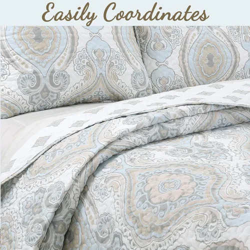 Miniatura 2 de Cozy Line Home Fashions Juego de ropa de cama reversible de majestad floral, gris topo, cubrecama ligero para todas las estaciones